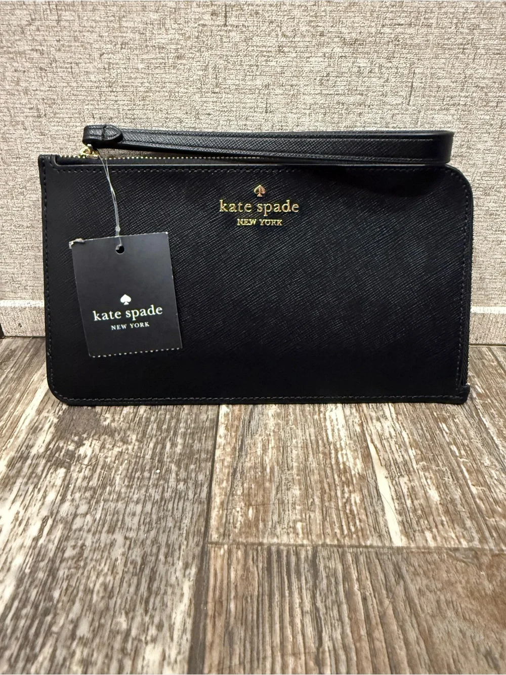 kate spade Black Leather Wristlet with Gold Logo